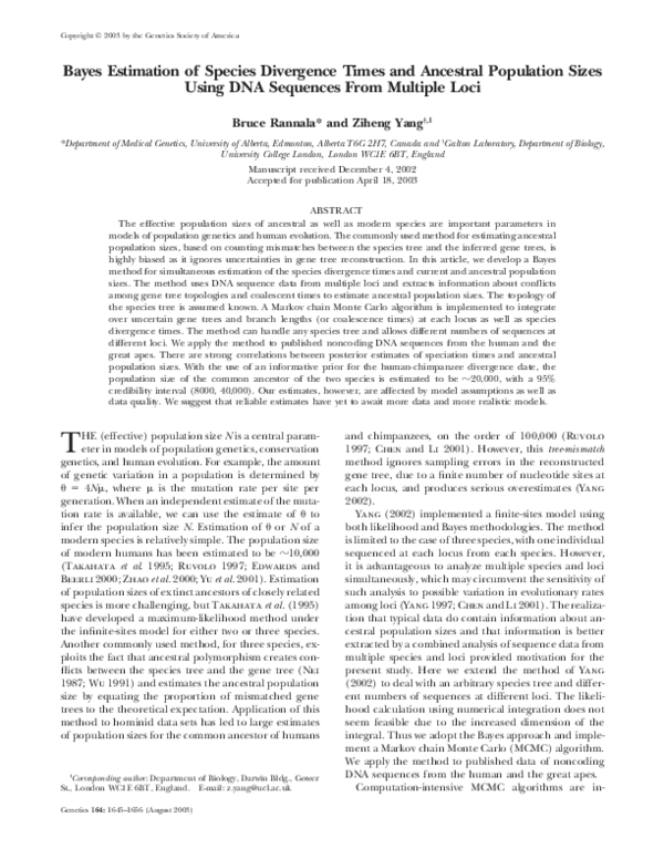 (PDF) Bayes estimation of species divergence times and ancestral ...