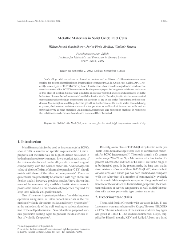 (PDF) Metallic materials in solid oxide fuel cells