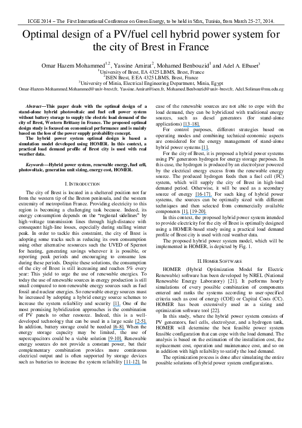 (PDF) Optimal design of a PV/fuel cell hybrid power system for the city ...