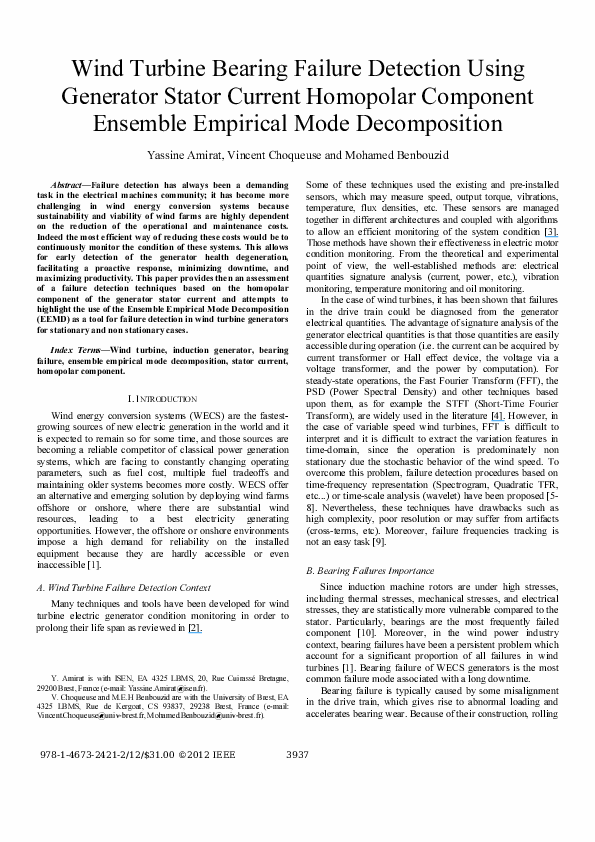 (PDF) Wind turbine bearing failure detection using generator stator
