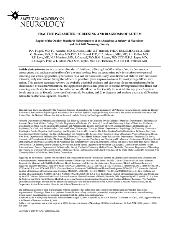 (PDF) Practice parameter: Screening and diagnosis of autism: Report of ...