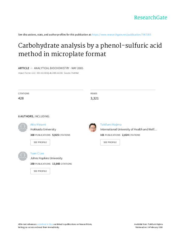 (PDF) Carbohydrate analysis by a phenolsulfuric acid method in