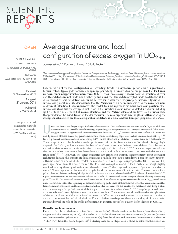 (PDF) Average structure and local configuration of excess oxygen in UO2+x