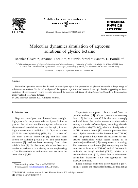 (PDF) Molecular dynamics simulation of aqueous solutions of glycine betaine