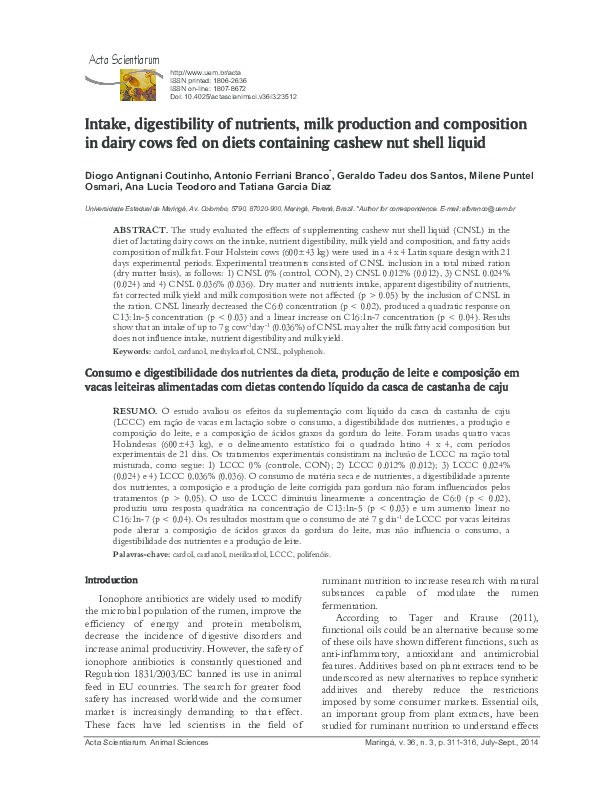 (PDF) Intake, digestibility of nutrients, milk production and ...
