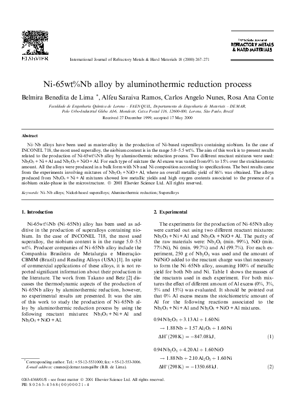 (PDF) Ni-65wt%Nb alloy by aluminothermic reduction process