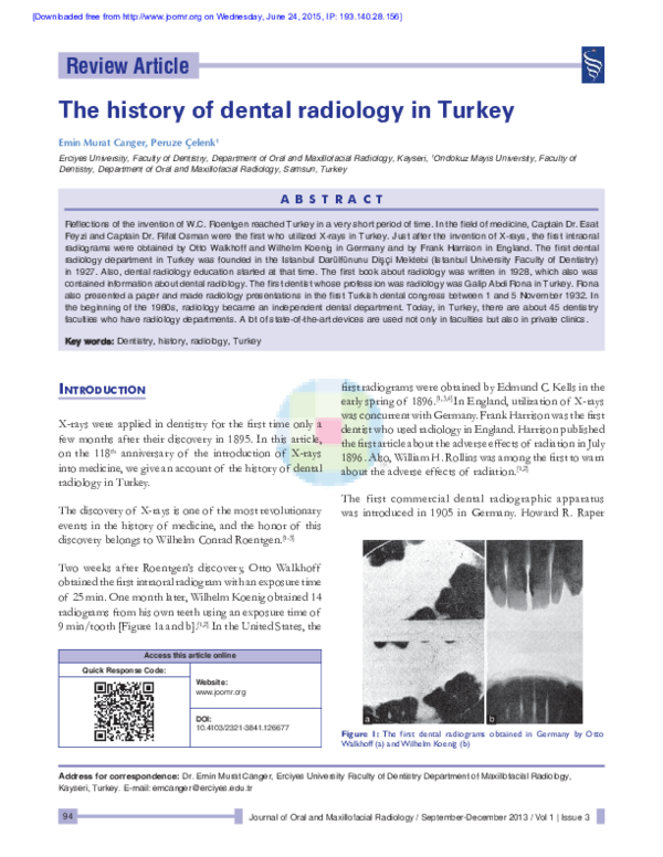 (PDF) The history of dental radiology in Turkey Peruze Celenk