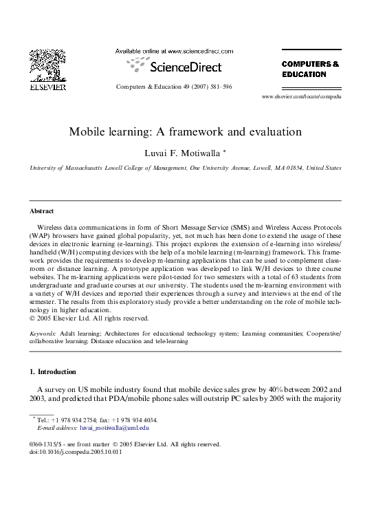 (PDF) Mobile learning: A framework and evaluation