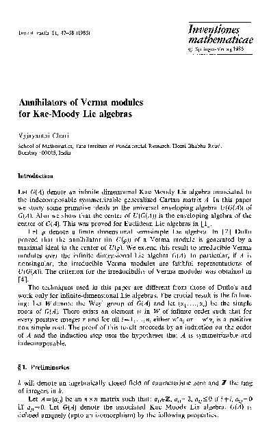 (PDF) Annihilators of Verma modules for Kac-Moody Lie algebras
