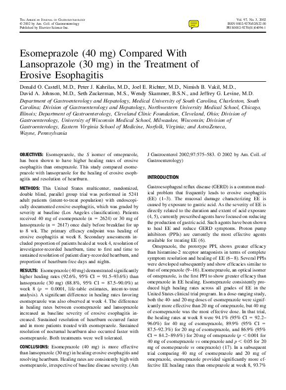 (PDF) Esomeprazole (40 mg) compared with lansoprazole (30 mg) in the treatment of erosive