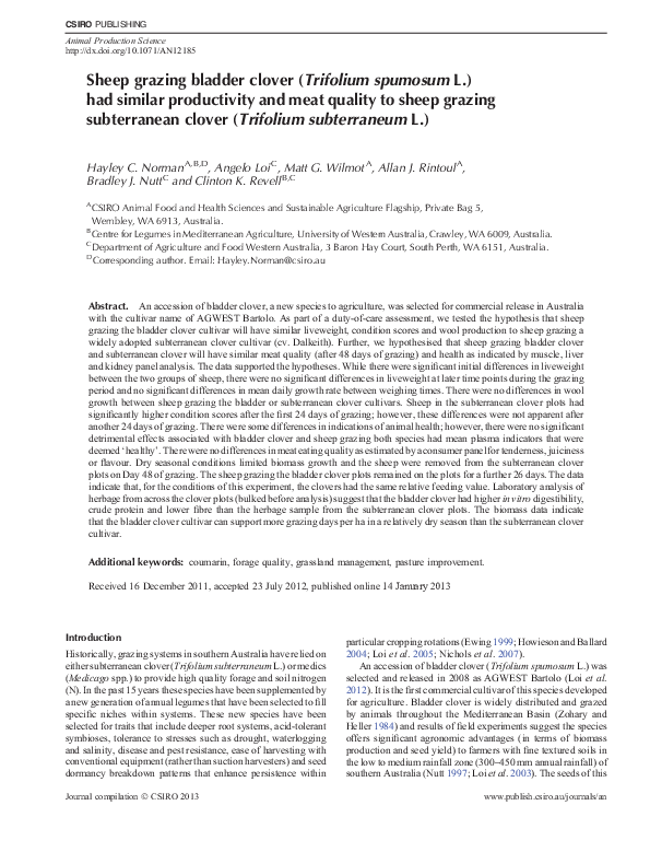 (PDF) Sheep grazing bladder clover (Trifolium spumosum L.) had similar ...