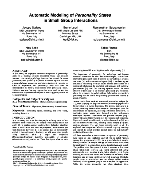(PDF) Automatic modeling of personality states in small group interactions