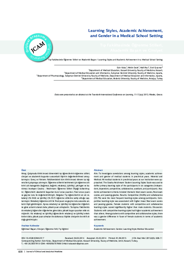 (PDF) Learning Styles, Academic Achievement, and Gender in a Medical ...