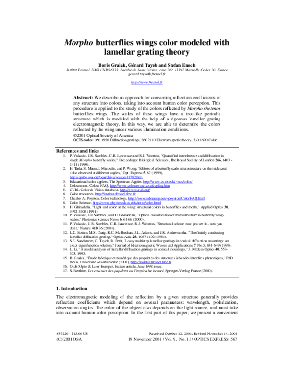 (PDF) Morpho butterflies wings color modeled with lamellar grating theory Gérard Tayeb