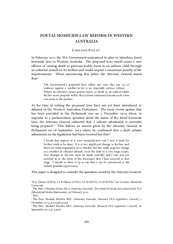 Foetal Homicide Law in Western Australia