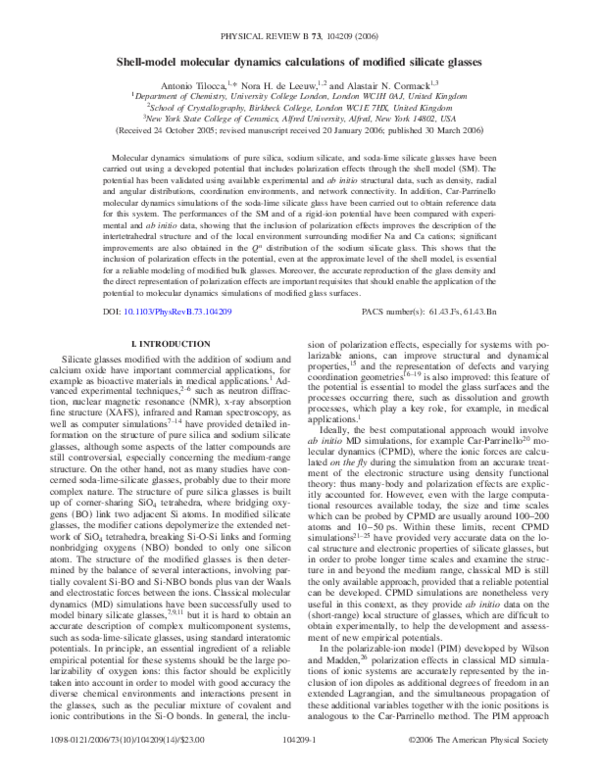 Pdf Shell Model Molecular Dynamics Calculations Of Modified Silicate