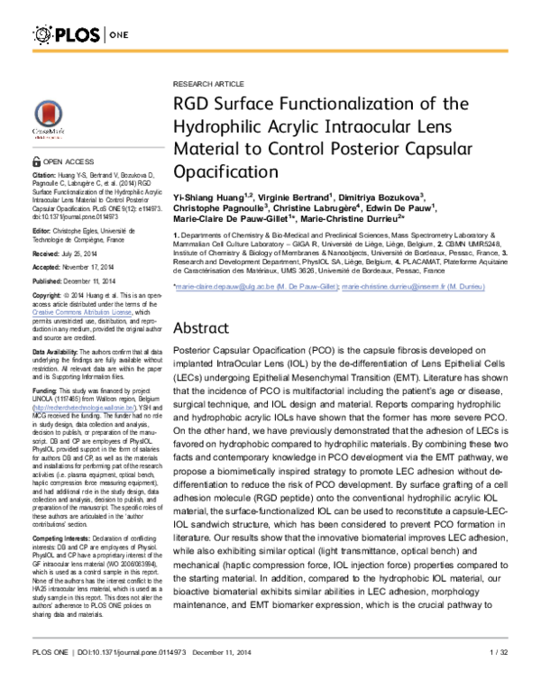 (PDF) RGD Surface Functionalization of the Hydrophilic Acrylic ...
