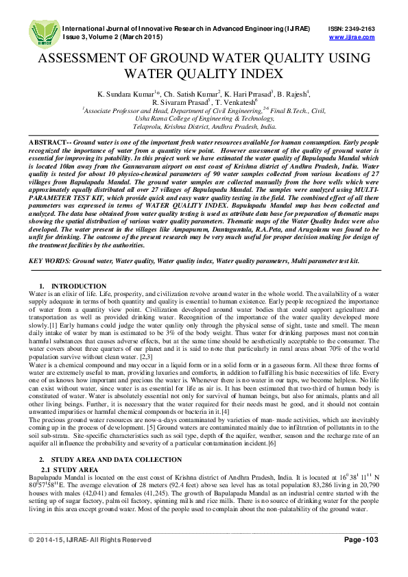 (PDF) ASSESSMENT OF GROUND WATER QUALITY USING WATER QUALITY INDEX Dr.Sundarakumar Kusuma