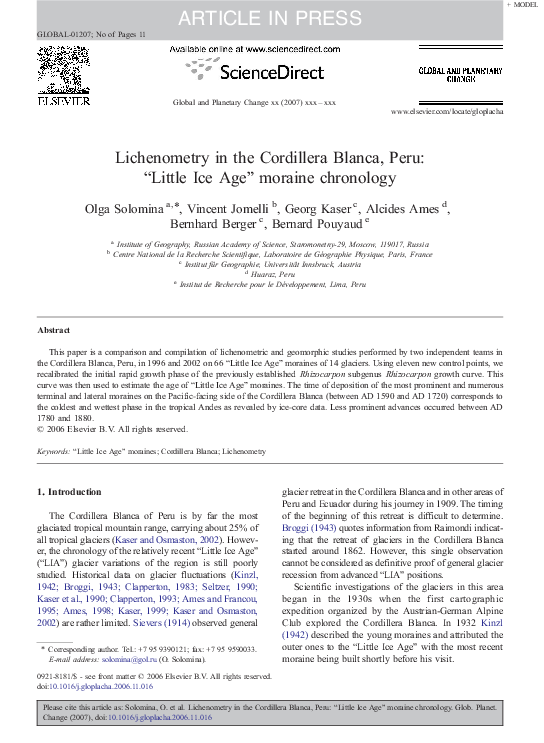 (PDF) Lichenometry in the Cordillera Blanca, Peru: “Little Ice Age ...