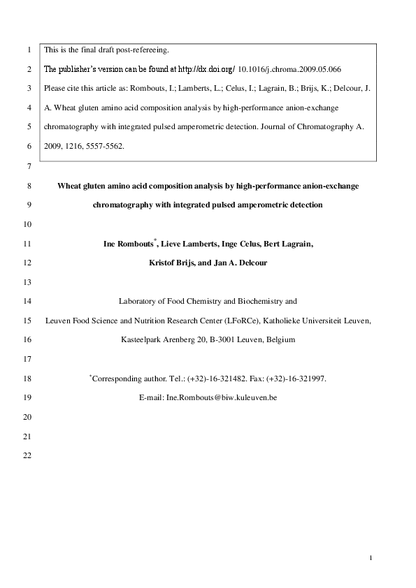 (PDF) Wheat gluten amino acid composition analysis by highperformance