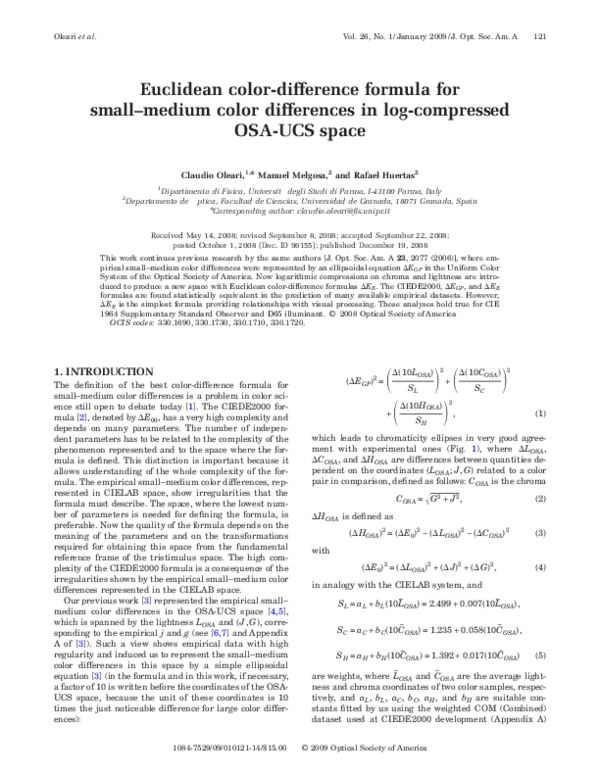 (PDF) Euclidean colordifference formula for smallmedium color differences in