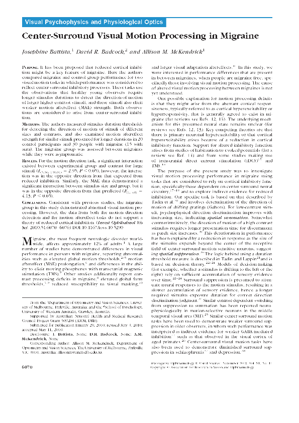 (PDF) CenterSurround Visual Motion Processing in Migraine Allison