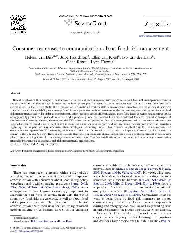 (PDF) Consumer responses to communication about food risk management