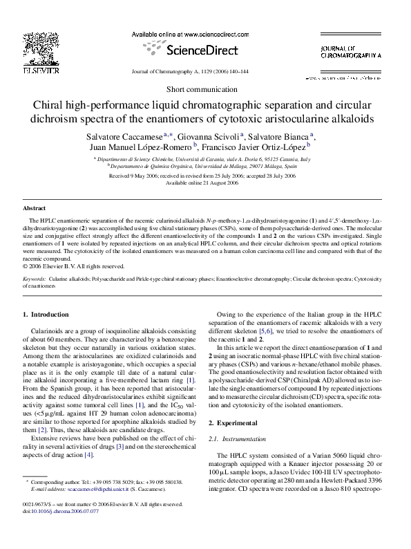 (PDF) Chiral high-performance liquid chromatographic separation and ...
