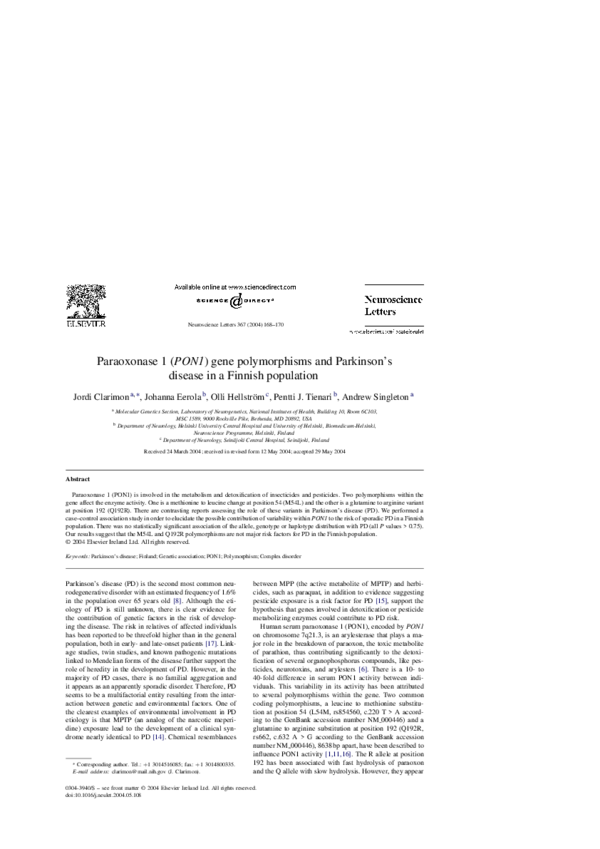 (PDF) Paraoxonase 1 (PON1) gene polymorphisms and Parkinson’s disease ...