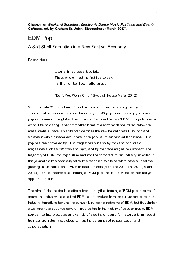 Pdf Edm Pop A Soft Shell Formation In A New Festival Economy Weekend Societies 17 Fabian Holt Academia Edu