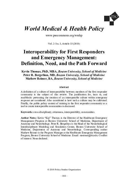 (PDF) Interoperability for First Responders and Emergency Management Definition, Need, and the