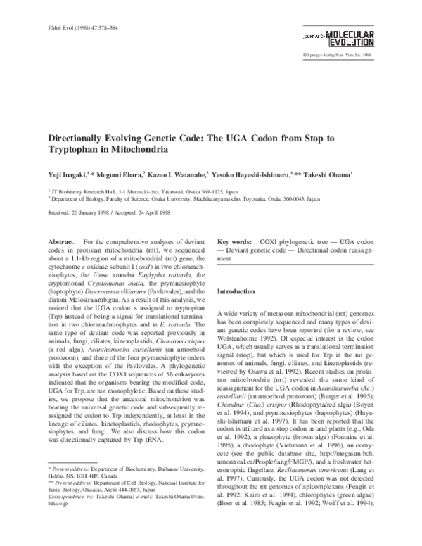 (PDF) Directionally Evolving Genetic Code: The UGA Codon from Stop to ...