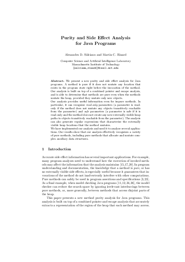 (PDF) Purity and Side Effect Analysis for Java Programs