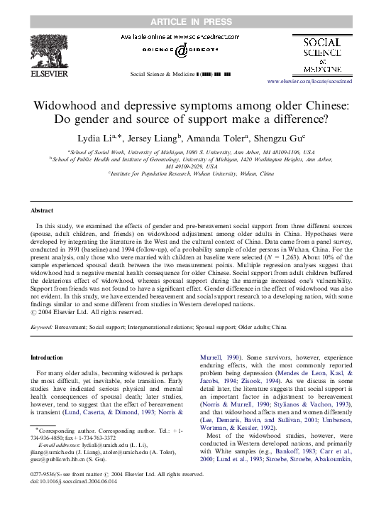 (PDF) Widowhood and depressive symptoms among older Chinese: Do gender ...