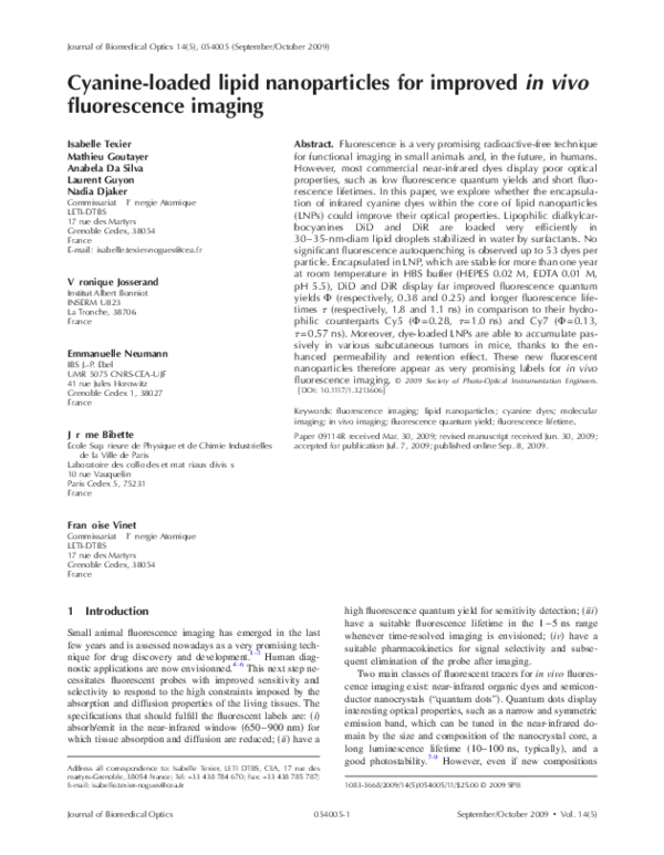(PDF) Cyanine-loaded lipid nanoparticles for improved in vivo ...