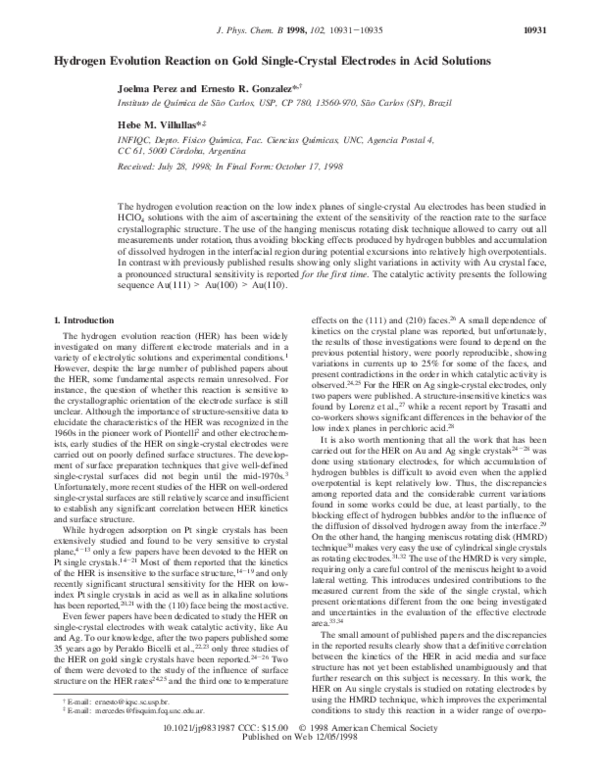 (PDF) Hydrogen Evolution Reaction on Gold Single-Crystal Electrodes in ...