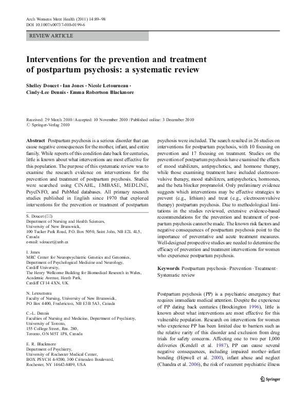  PDF Interventions For The Prevention And Treatment Of Postpartum Psychosis A Systematic 