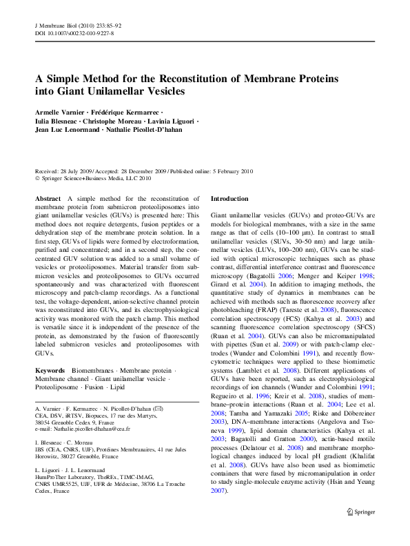 (PDF) A Simple Method for the Reconstitution of Membrane Proteins into ...