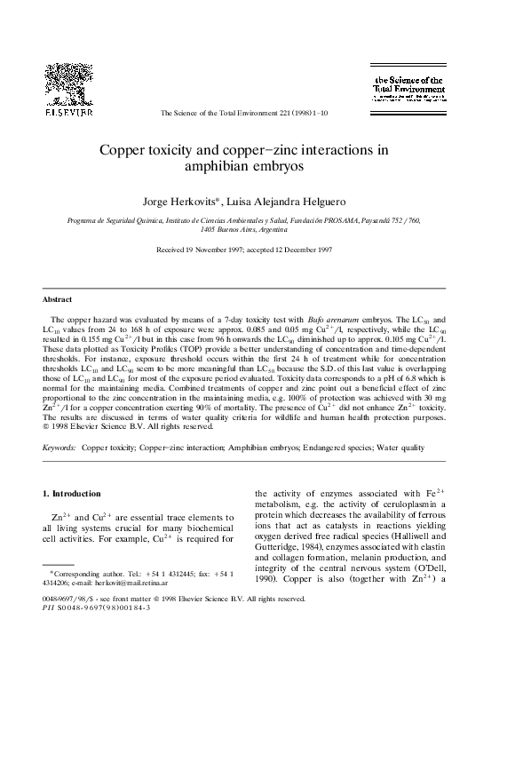 (PDF) Copper toxicity and copperzinc interactions in amphibian embryos