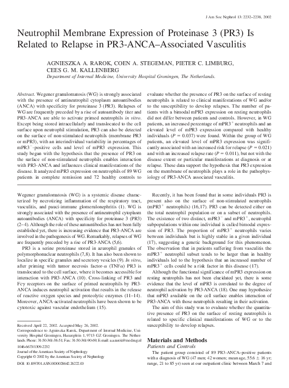(PDF) Membrane expression of neutrophil proteinase 3 (PR3) is ...