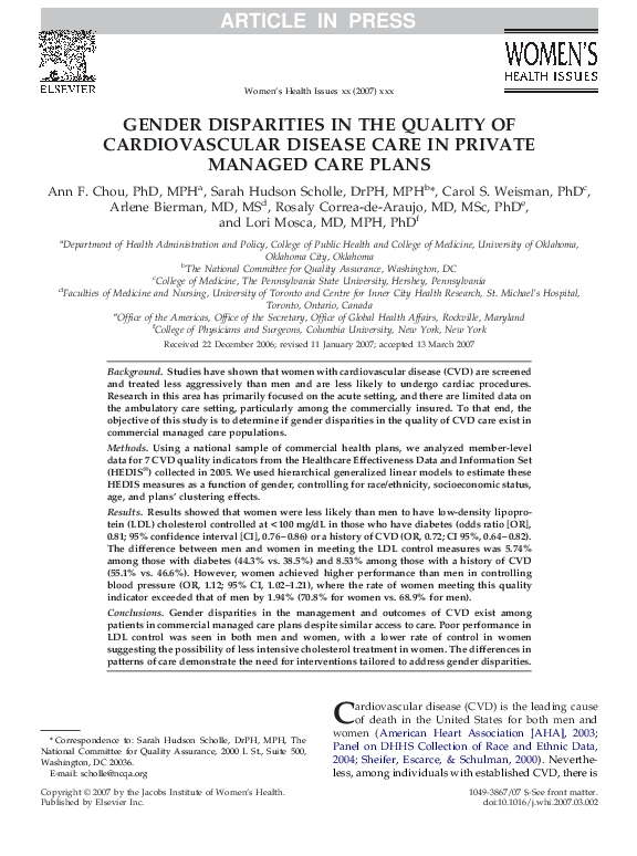 (PDF) Gender Disparities in the Quality of Cardiovascular Disease Care ...