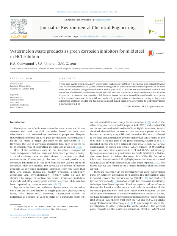 (PDF) Watermelon waste products as green corrosion inhibitors for mild