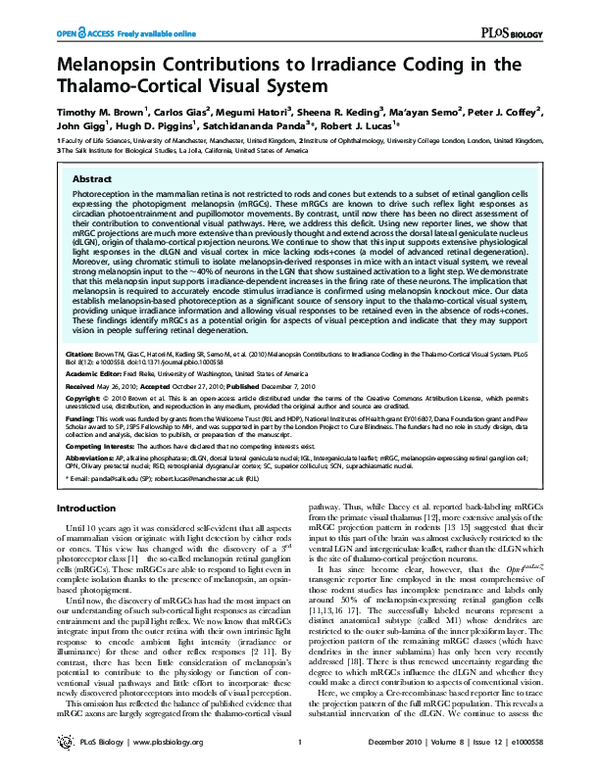 (PDF) Melanopsin Contributions to Irradiance Coding in the Thalamo ...