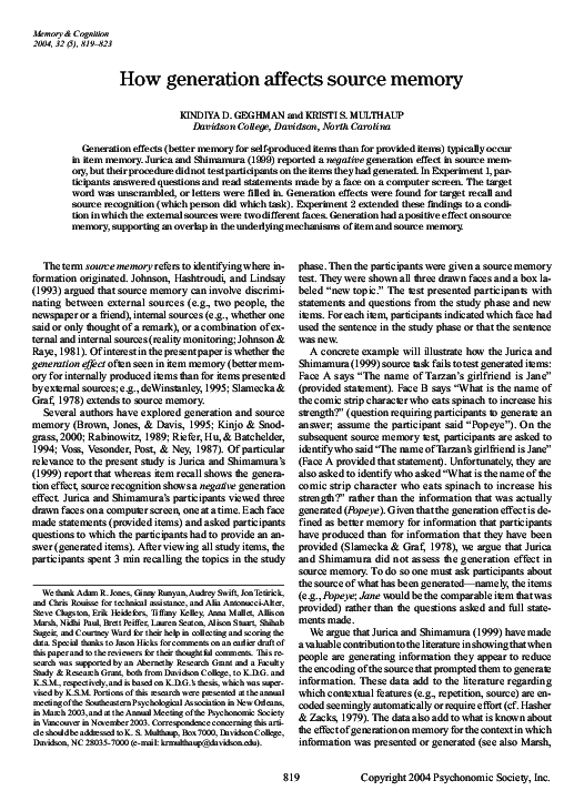 (PDF) How generation affects source memory