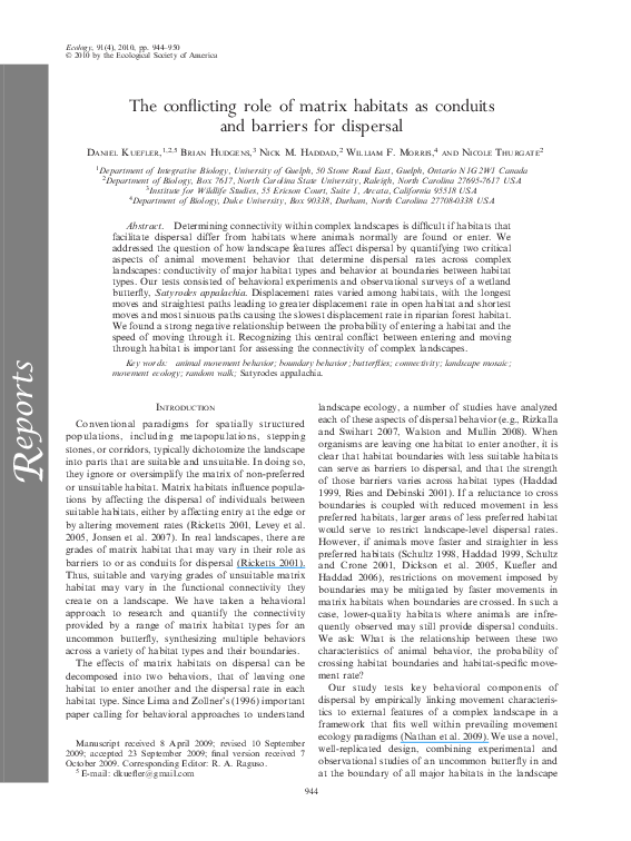 (PDF) The conflicting role of matrix habitats as conduits and barriers ...
