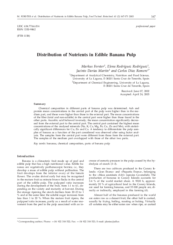 (PDF) Distribution of Nutrients in Edible Banana Pulp Elena Rodríguez Academia.edu