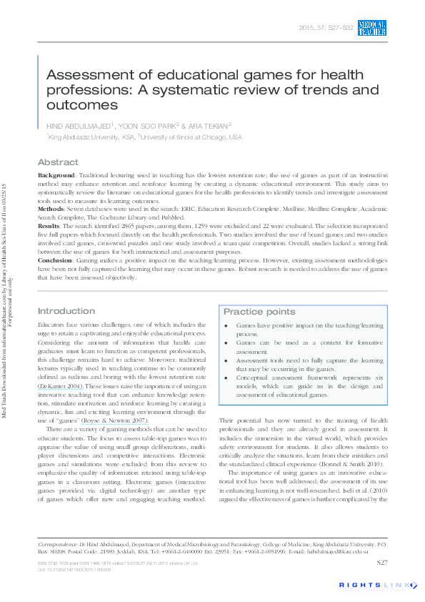 (PDF) Assessment of educational games for health professions: A ...