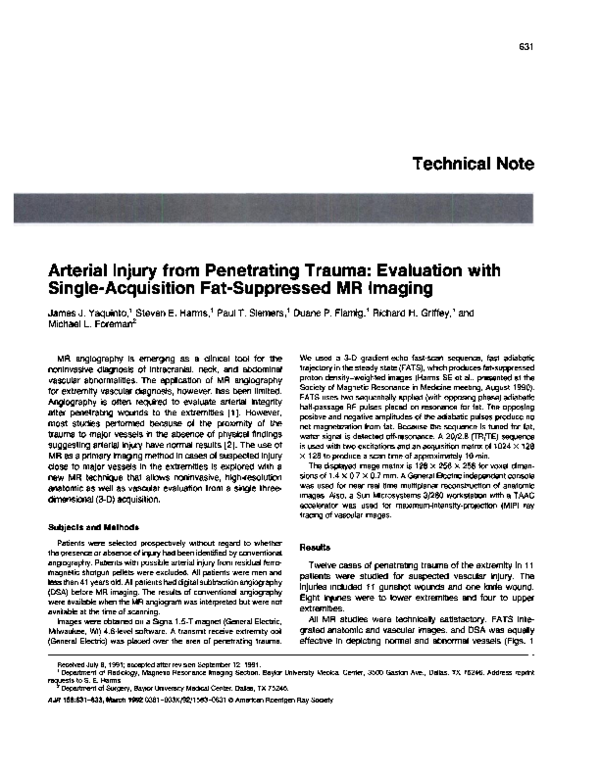 (PDF) Arterial injury from penetrating trauma: evaluation with single ...