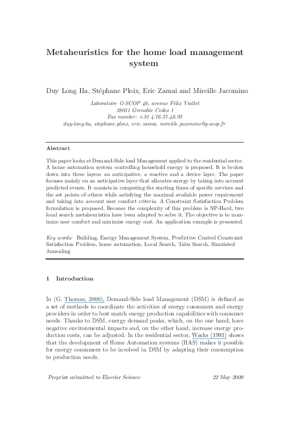 (PDF) Metaheuristics for the home load management system