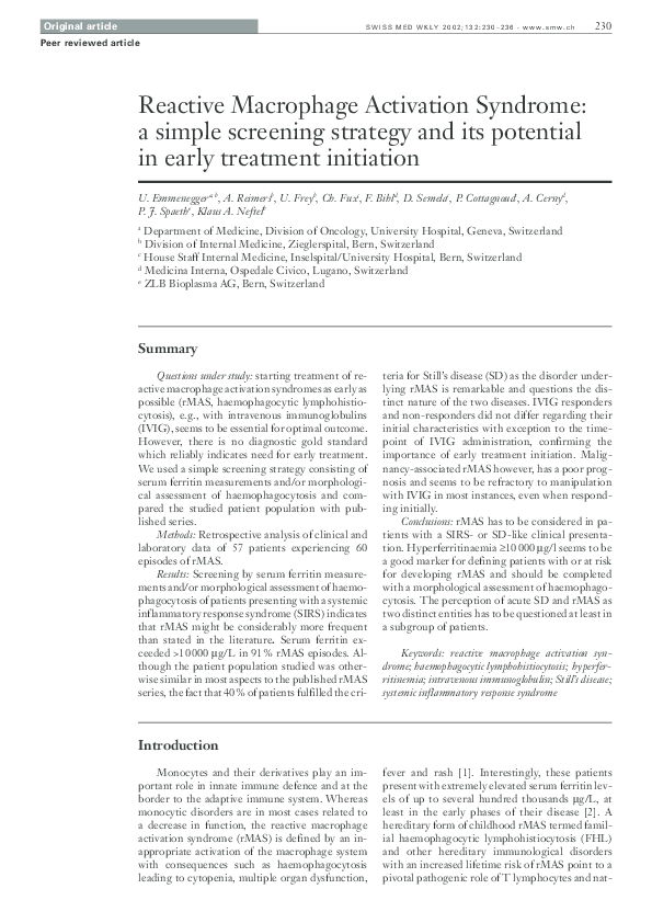 Pdf Reactive Macrophage Activation Syndrome A Simple Screening Strategy And Its Potential In Early Treatment Initiation David Semela Peter Spaeth And Klaus Neftel Academia Edu